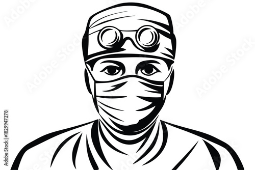 Black and white line art shows an Asian surgeon wearing mask and head mirror