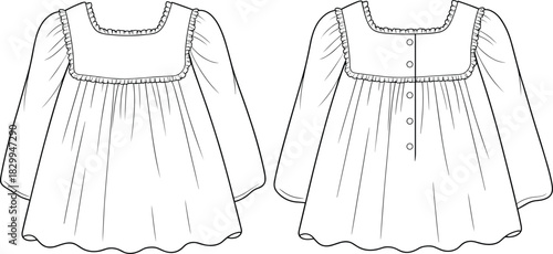 Baby girl dress flat sketch with frill details and back button closure – long sleeve kidswear technical fashion illustration