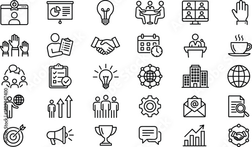 Business, Communication, Productivity, Teamwork, Icon Set, Flat Design, Vector Illustration, Strategy, Innovation, Global, Success, Planning, Leadership
