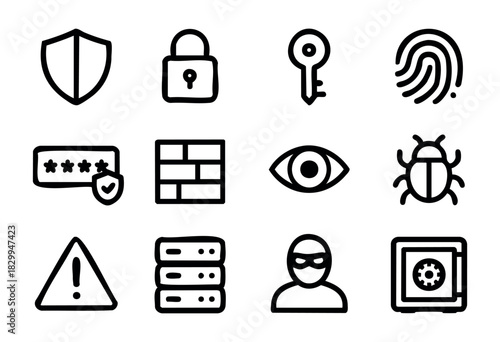 Cyber Security doodle icons — data protection, online privacy, and internet safety symbols — stock vector.