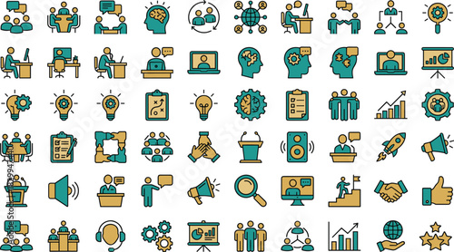 Business, Communication, Teamwork, Productivity, Icon Set, Flat Design, Vector Illustration, Collaboration, Growth, Strategy, Remote Work, Leadership, Innovation