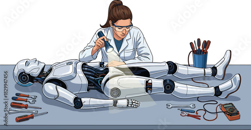 Female AI engineer inspecting humanoid robot Vector