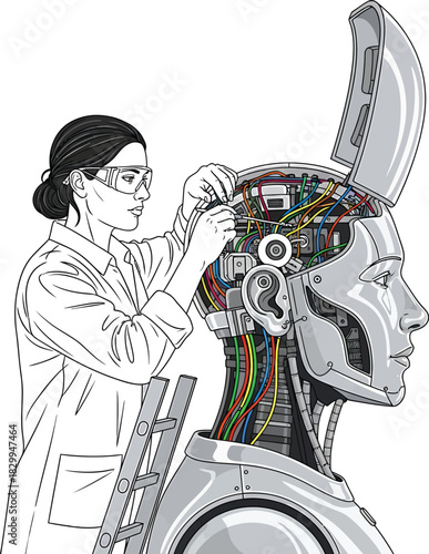 Female AI engineer inspecting humanoid robot Vector