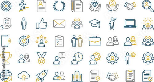 Business, Education, Communication, Personal Development, Achievement, Icon Set, Flat Design, Vector Illustration, Career, Innovation, Goal, Success, Technology