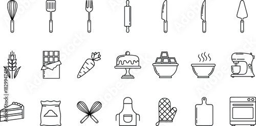 Baking tools, kitchen utensils, ingredients, mixer, oven, cake icons, outline vector style for bakery, cooking, pastry, food design
