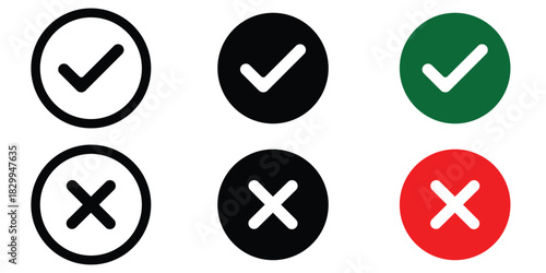 Green Check Mark & Red Cross Icon Set – Approval, Rejection, Tick and X Symbols in Modern Flat 
Vector Design