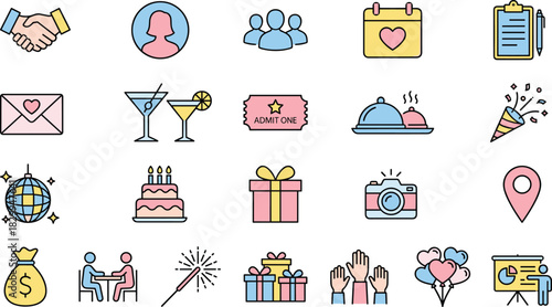 Celebration, Connection, Event Planning, Icon Set, Flat Design, Vector Illustration, Party, Communication, Gift, Food, Calendar, Social, Fun