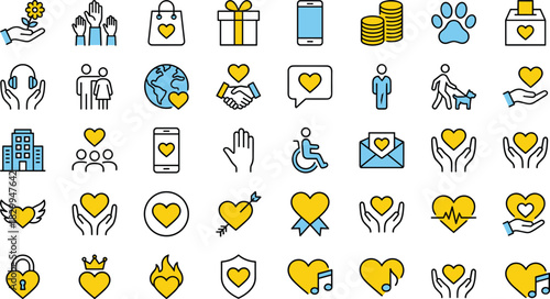 Care, Communication, Health, Love, Community, Icon Set, Flat Design, Vector Illustration, Support, Connection, Compassion, Heart, Wellness, Outreach