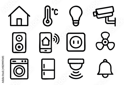 Smart Home doodle icons — automated home devices, internet of things (IoT), and connected appliance symbols — stock vector.