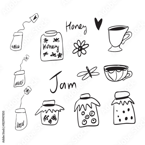 Doodle illustration for a cafe or kitchen. Tea time with a cup of tea, jam, cute tea bags, butterflies. 