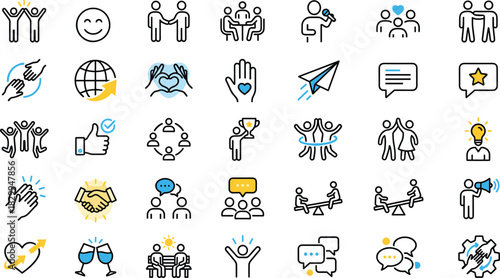 Communication, Teamwork, Emotion, Icon Set, Flat Design, Vector Illustration, Collaboration, Positivity, Social Interaction, Celebration, Connection, Support, Idea