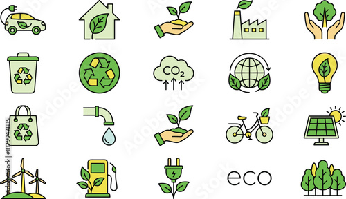 Eco-Friendly, Sustainability, Green Energy, Icon Set, Flat Design, Vector Illustration, Environment, Recycling, Renewable, Nature, Conservation, Climate