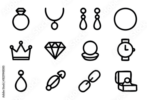 Jewelry & Accessories line icons — precious gems, fine jewelry, and luxury fashion items — stock vector.