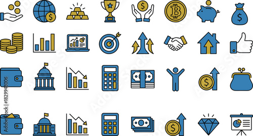 Finance, Business, Money, Investment, Icon Set, Flat Design, Vector Illustration, Economy, Growth, Banking, Cryptocurrency, Strategy, Success