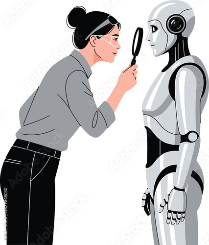 Female AI engineer inspecting humanoid robot Vector