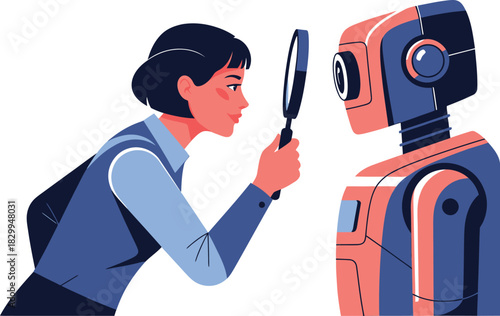 Female AI engineer inspecting humanoid robot Vector