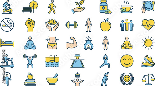Health, Wellness, Fitness, Lifestyle, Icon Set, Flat Design, Vector Illustration, Self-Care, Nutrition, Exercise, Mindfulness, Strength, Balance