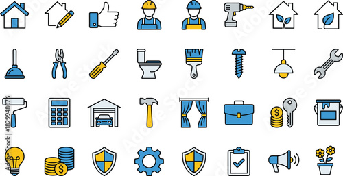 Home Improvement, Construction, DIY, Finance, Icon Set, Flat Design, Vector Illustration, Tools, Repair, Renovation, Utility, Budget, Household