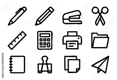 Office Supplies doodle icons — various stationery, tools, and equipment for work or school — stock vector.