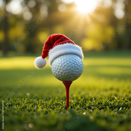 Golf ball wearing a santa hat on a tee on a sunny golf course