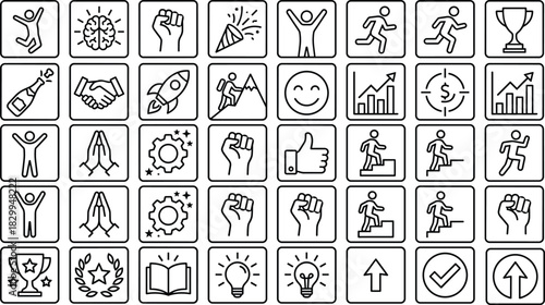 Motivation, Achievement, Success, Growth, Icon Set, Flat Design, Vector Illustration, Personal Development, Celebration, Progress, Mindset, Empowerment