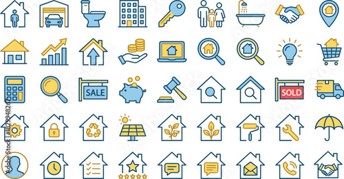 Real Estate, Home, Property, Housing, Finance, Icon Set, Flat Design, Vector Illustration, Service, Sale, Investment, Renovation, Utility