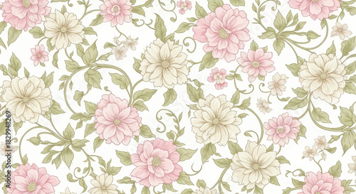 Delicate Seamless Floral Pattern with Stippled Pink and Cream Flowers