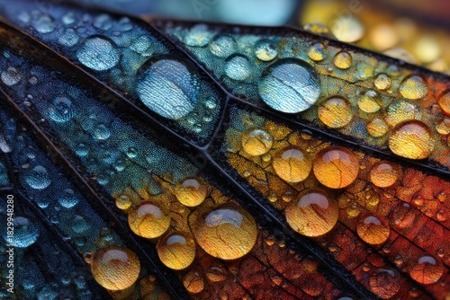 Macro dew drops on colorful butterfly wing