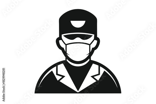 Black doctor wearing mask and sunglasses looks forward against white background, a simple icon