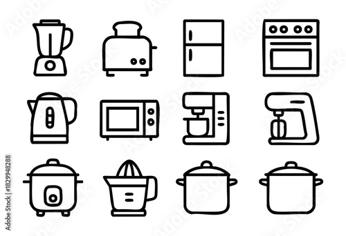 Kitchen Appliances line icons — various electronic household devices for cooking and food preparation — stock vector.