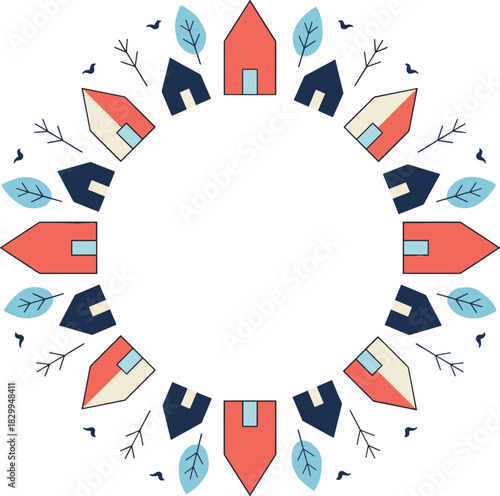 Wreath, House, Tree, Leaf, Nature, Icon Set, Flat Design, Vector Illustration, Seasonal, Autumn, Winter, Circle Frame, Decorative