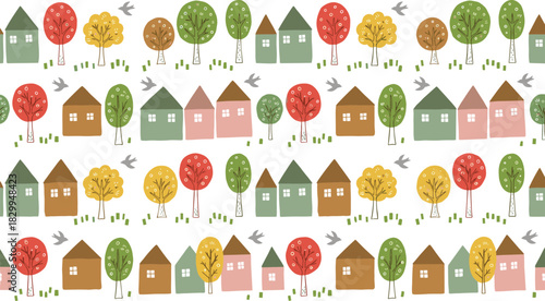 Whimsical Village Pattern, Houses, Trees, Birds, Childlike Design, Seamless Background, Flat Illustration, Nature, Decorative, Playful, Geometric, Repetition