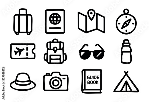 Travel & Adventure doodle icons — vacation, tourism, and outdoor exploration essentials — stock vector.