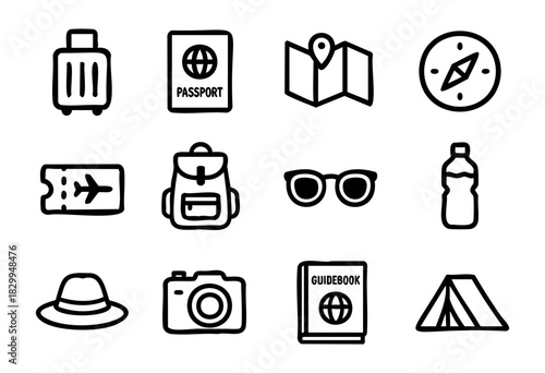 Travel & Adventure doodle icons — vacation, tourism, and outdoor exploration essentials — stock vector.
