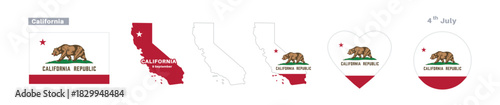 California flag and map set. American state flags in official colors and proportions. September 9th celebrations, maps, circles, and hearts of California.