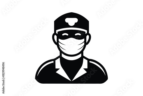 Black icon reveals a surgeon wearing a mask and cap in simple, modern style
