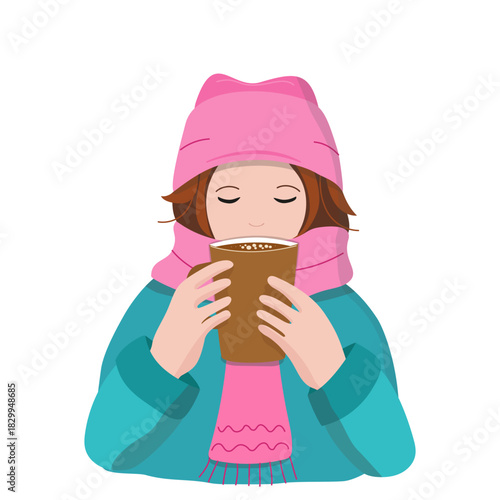 A girl in scarf and hat holding coffee mug. Cocoa, mulled wine, tea, or coffee. A warm drink in the cold season. Winter clothing, flat illustrations.