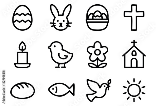 Easter Holiday line icons — religious Christian symbols and spring celebration elements — stock vector.