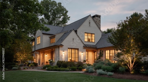 Wallpaper Mural The image is of a beautiful two-story house with a large front yard. the house has a sloping roof with a chimney on the right side and a large window on the left side. Torontodigital.ca