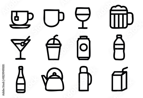 Drinks & Beverages doodle icons — various types of hot and cold drinks, glasses, and containers — stock vector.