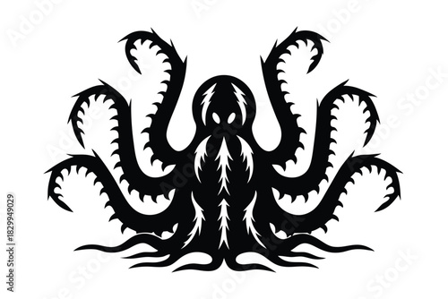 Black silhouette of an octopus with studded tentacles presents a menacing appearance on white
