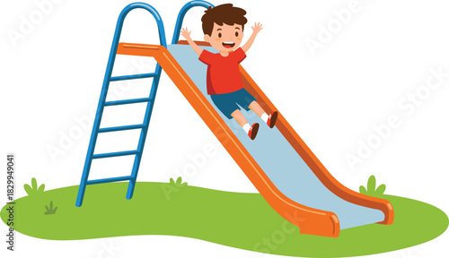 Smiling cartoon boy sliding down playground slide, outdoor park activity for kids, fun summer playtime, happy child enjoying slide