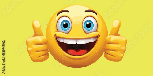 Smiling emoji showing both thumbs up, cartoon emoticon character on yellow background, happy expression, cheerful reaction, positive feedback icon, joyful comic face