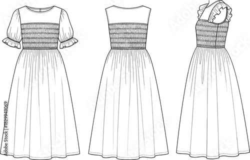 Smocked bodice midi dress technical flat sketch, ruffle sleeve design, back and side view, vector cad drawing illustration
