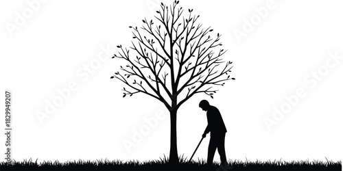 Solitary black silhouette of a man planting a young tree on a grassy patch, symbolizing environmental care, nature conservation, and sustainable living, isolated on white background