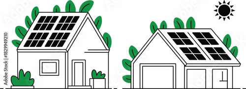 Solar-powered houses, modern eco homes, green energy buildings, rooftop solar panels, sustainable living, renewable energy, clean power, future technology, environmental conservation, smart housing