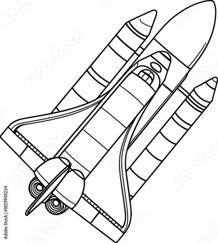 Space shuttle launching into orbit, futuristic spacecraft flying, rocket booster attached, astronaut vehicle, space exploration technology, cosmic travel shuttle