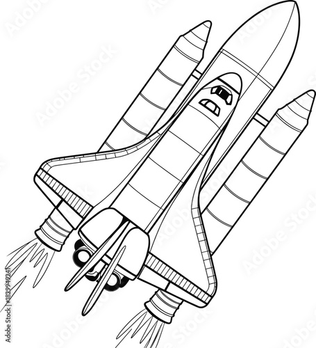 Space shuttle line art illustration, detailed spaceship drawing, rocket launch image, black and white sketch, educational science coloring page