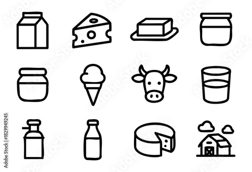 Dairy Products doodle icons — milk, cheese, and other farm-fresh dairy items — stock vector.