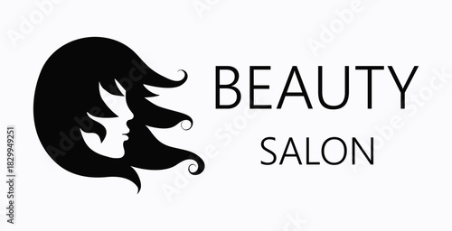 Beauty salon logo. Portrait of a woman with long hair, hairstyle. Girl's face. Lettering, text. Banner, print background with space for text.